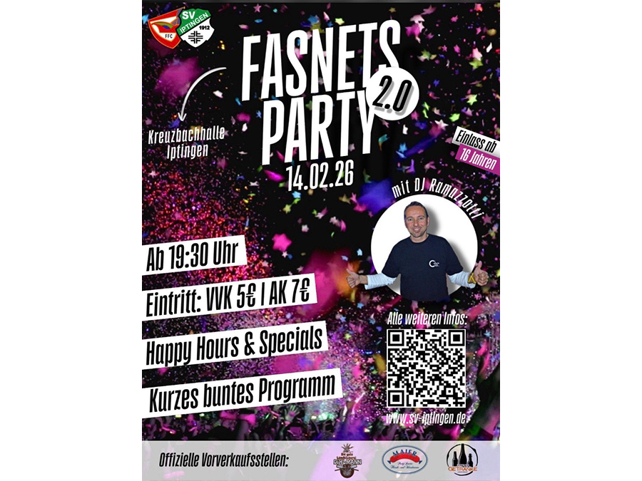 Fasnetsparty 2.0 in der Kreuzbachhalle Iptingen am 14. Februar 2026 Veranstaltung mit dem FFC Gerlingen